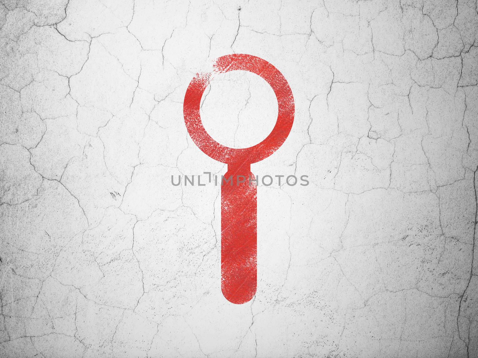Web development concept: Red Search on textured concrete wall background, 3d render