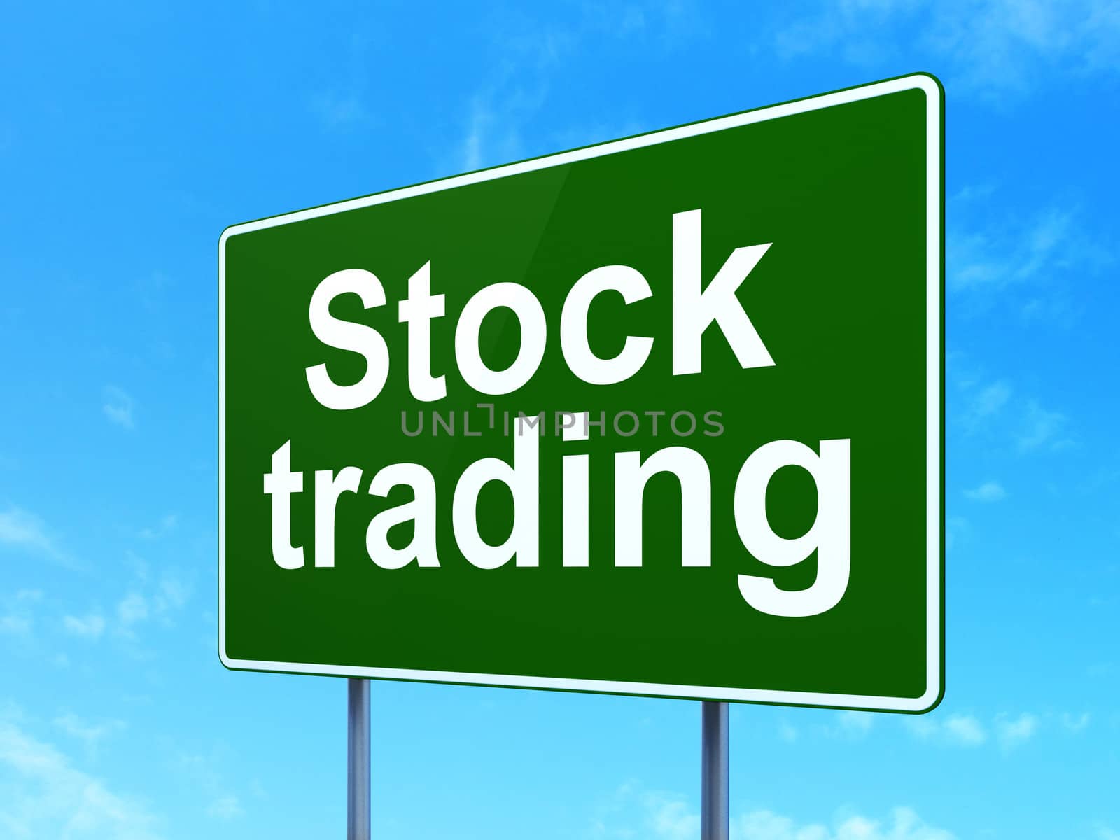 Business concept: Stock Trading on green road (highway) sign, clear blue sky background, 3d render