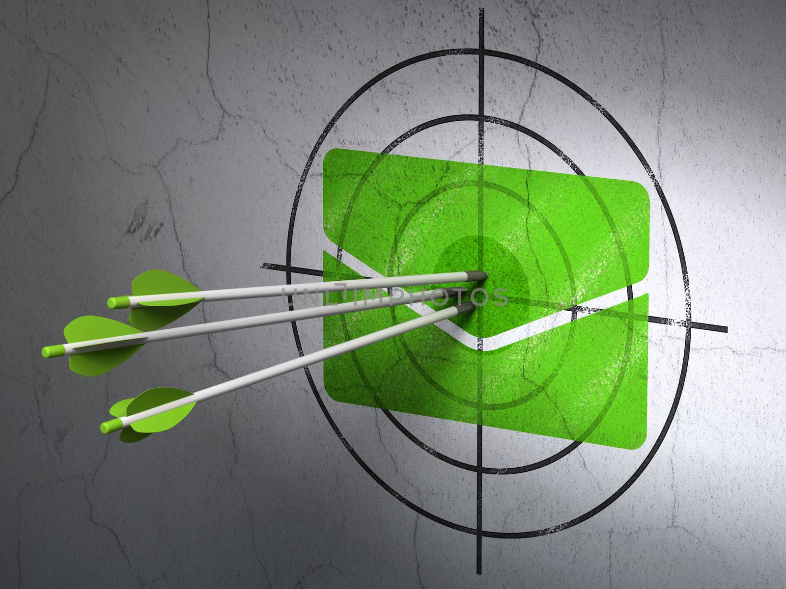 Success business concept: arrows hitting the center of Green Email target on wall background, 3d render
