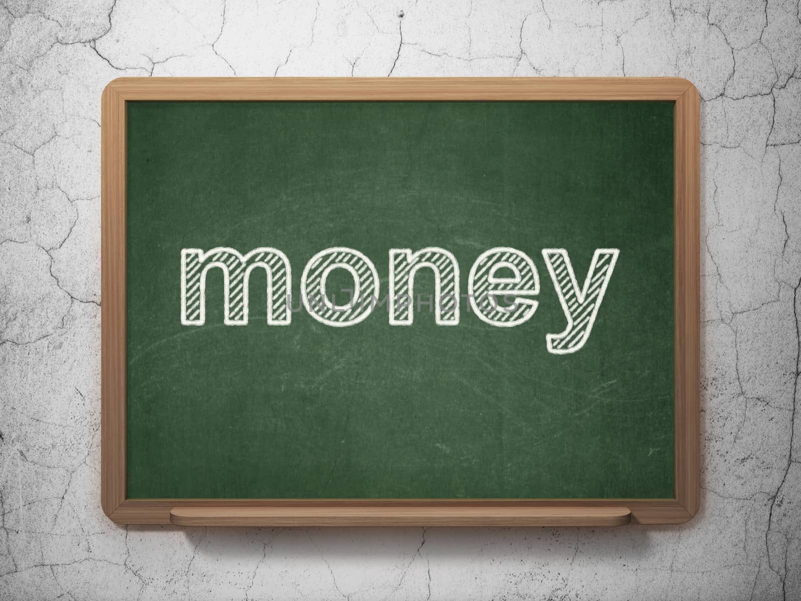 Finance concept: text Money on Green chalkboard on grunge wall background, 3d render