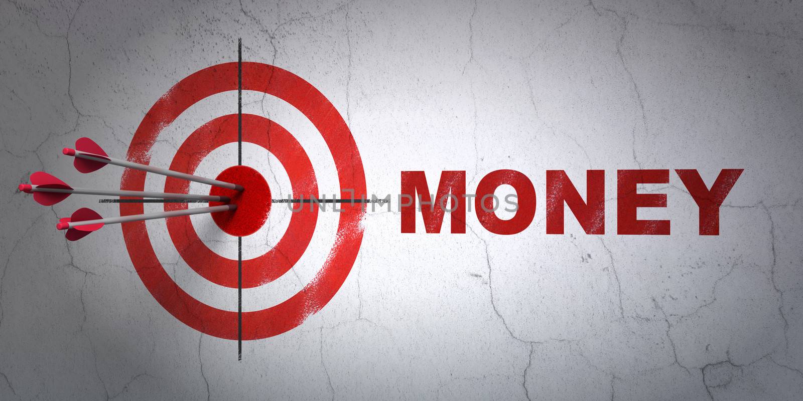 Success finance concept: arrows hitting the center of target, Red Money on wall background, 3d render