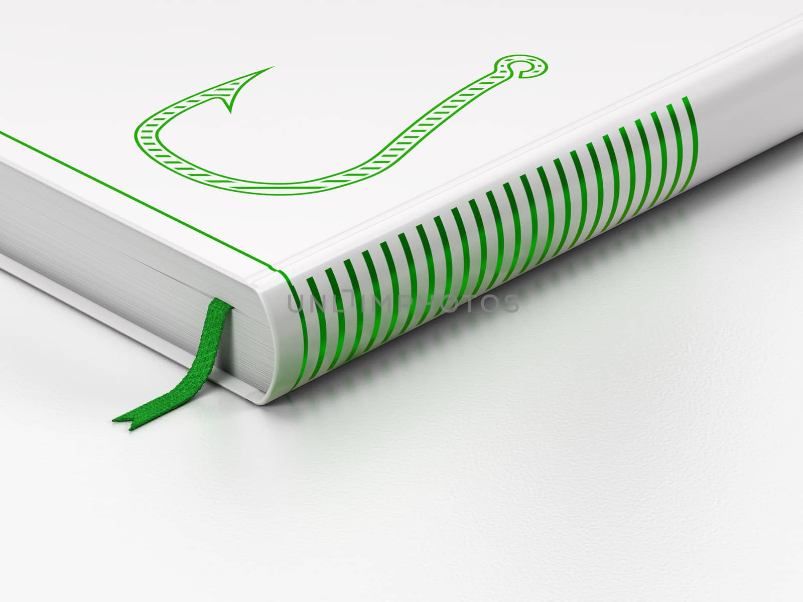 Security concept: closed book with Green Fishing Hook icon on floor, white background, 3d render