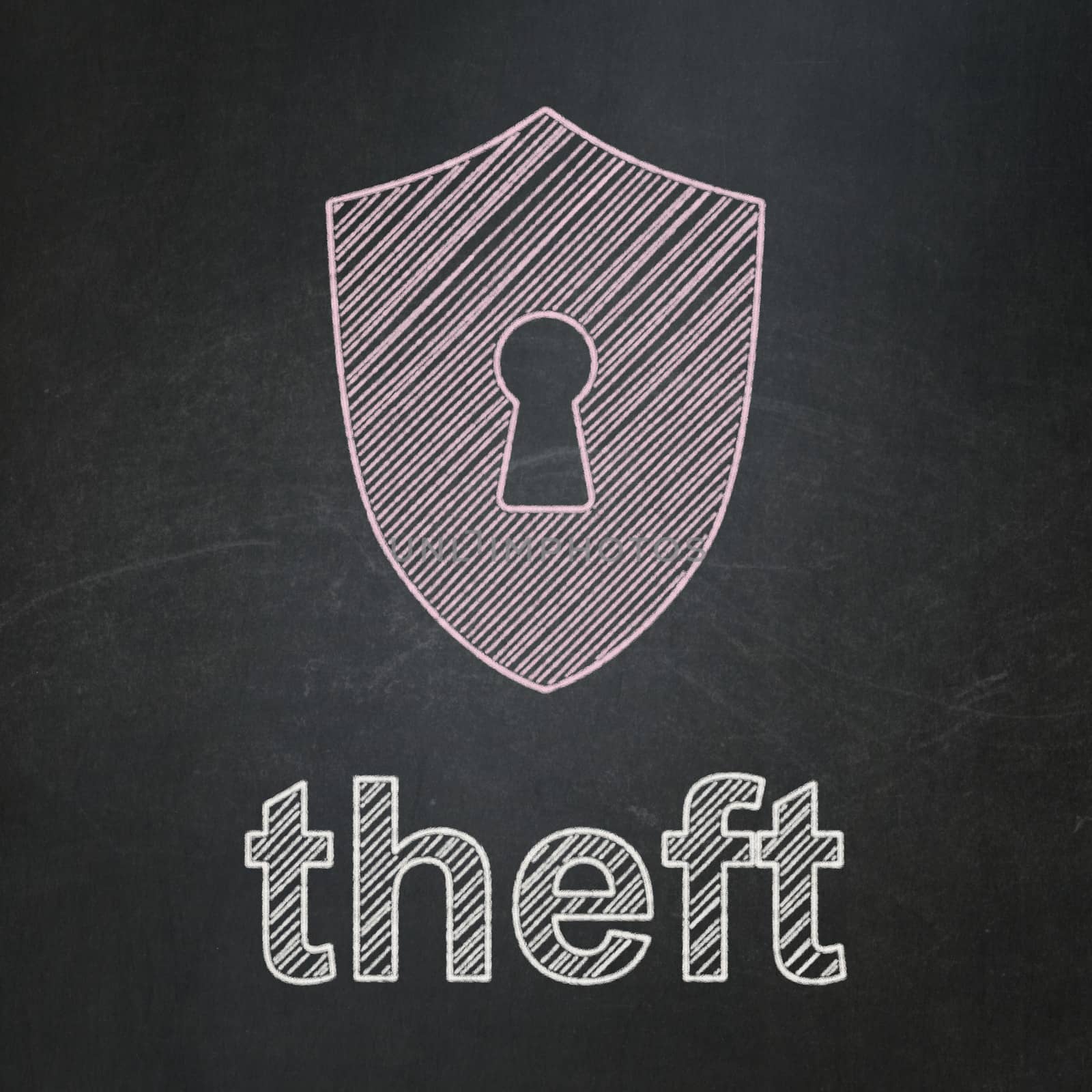 Security concept: Shield With Keyhole icon and text Theft on Black chalkboard background, 3d render