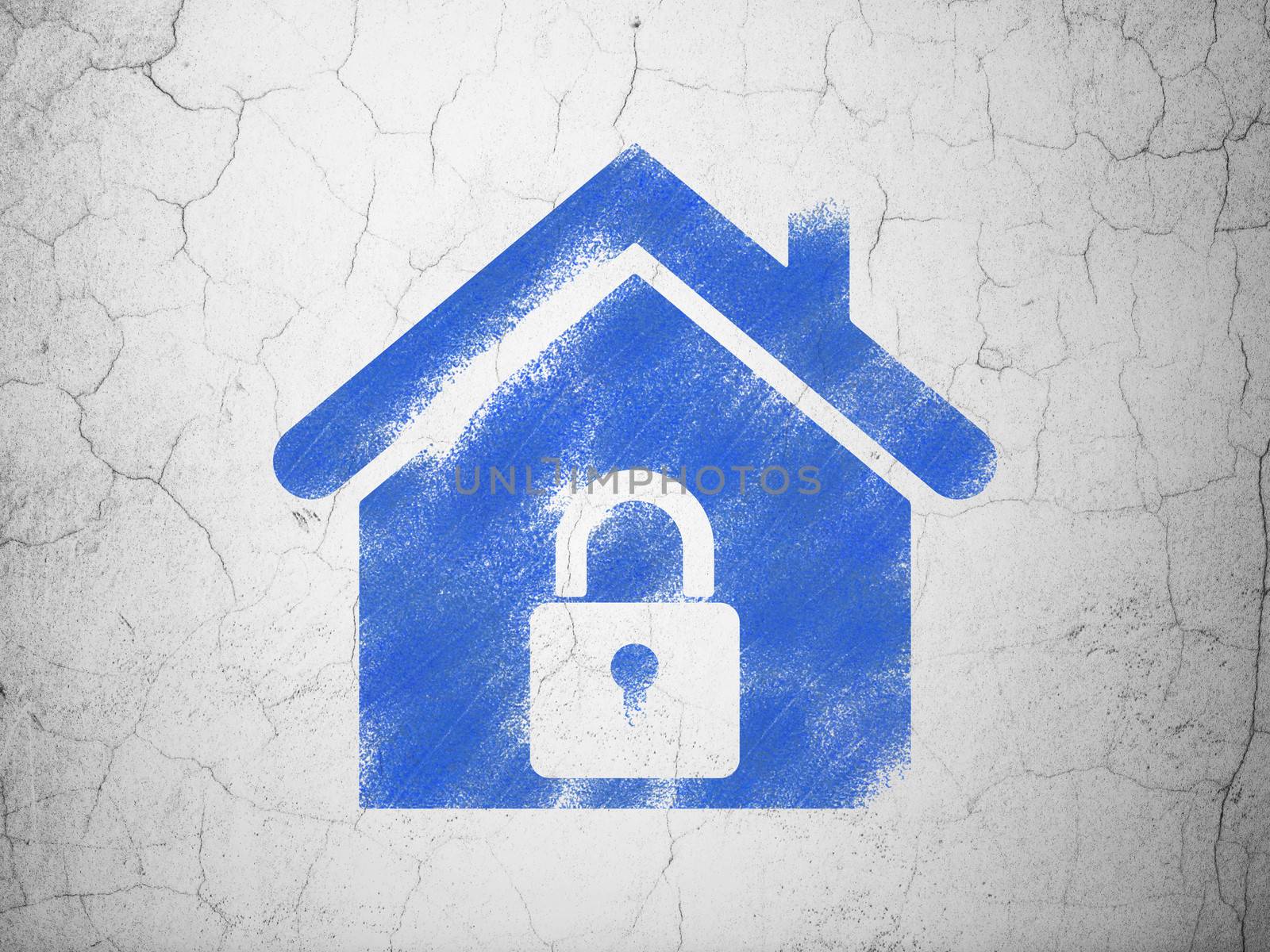 Security concept: Blue Home on textured concrete wall background, 3d render