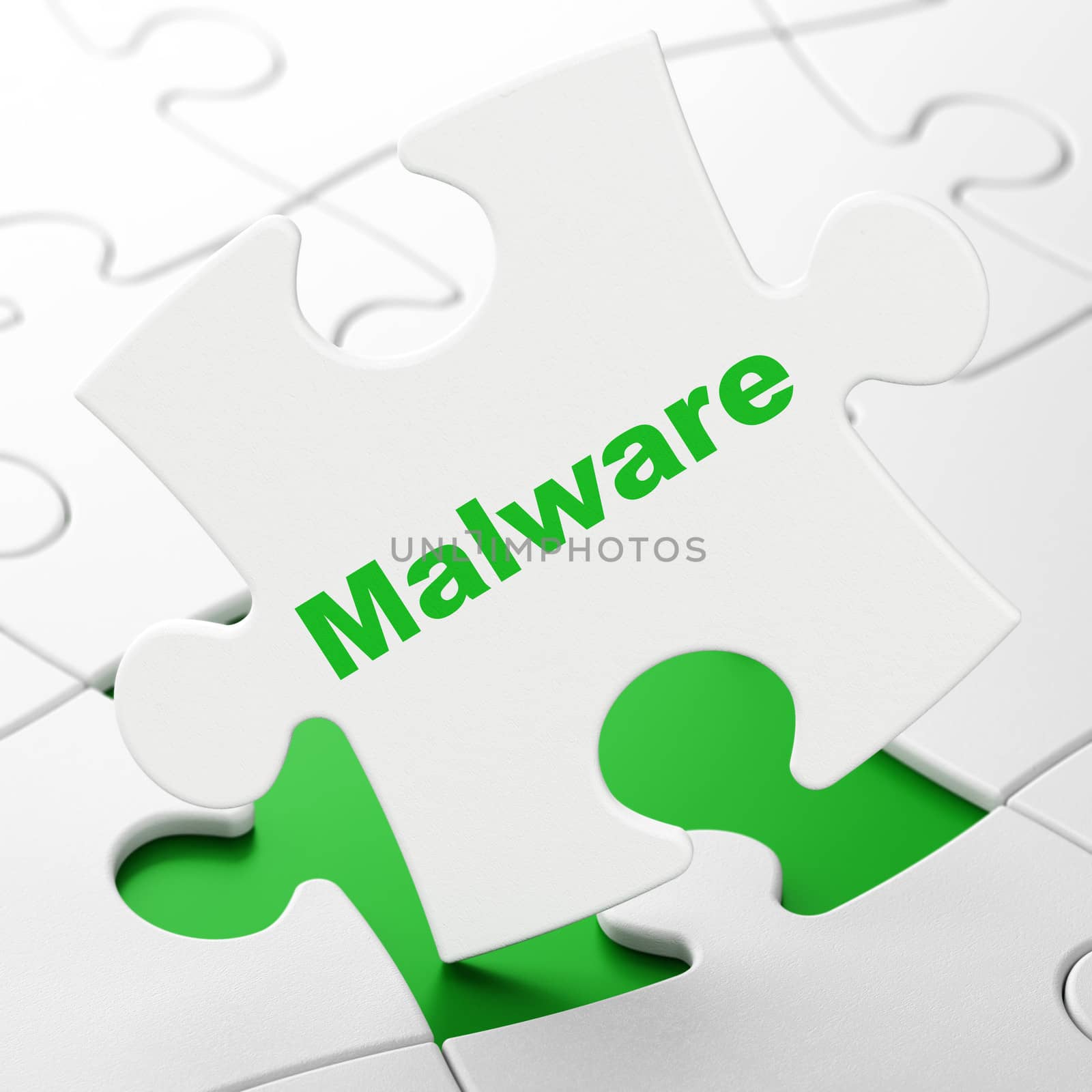 Security concept: Malware on White puzzle pieces background, 3d render