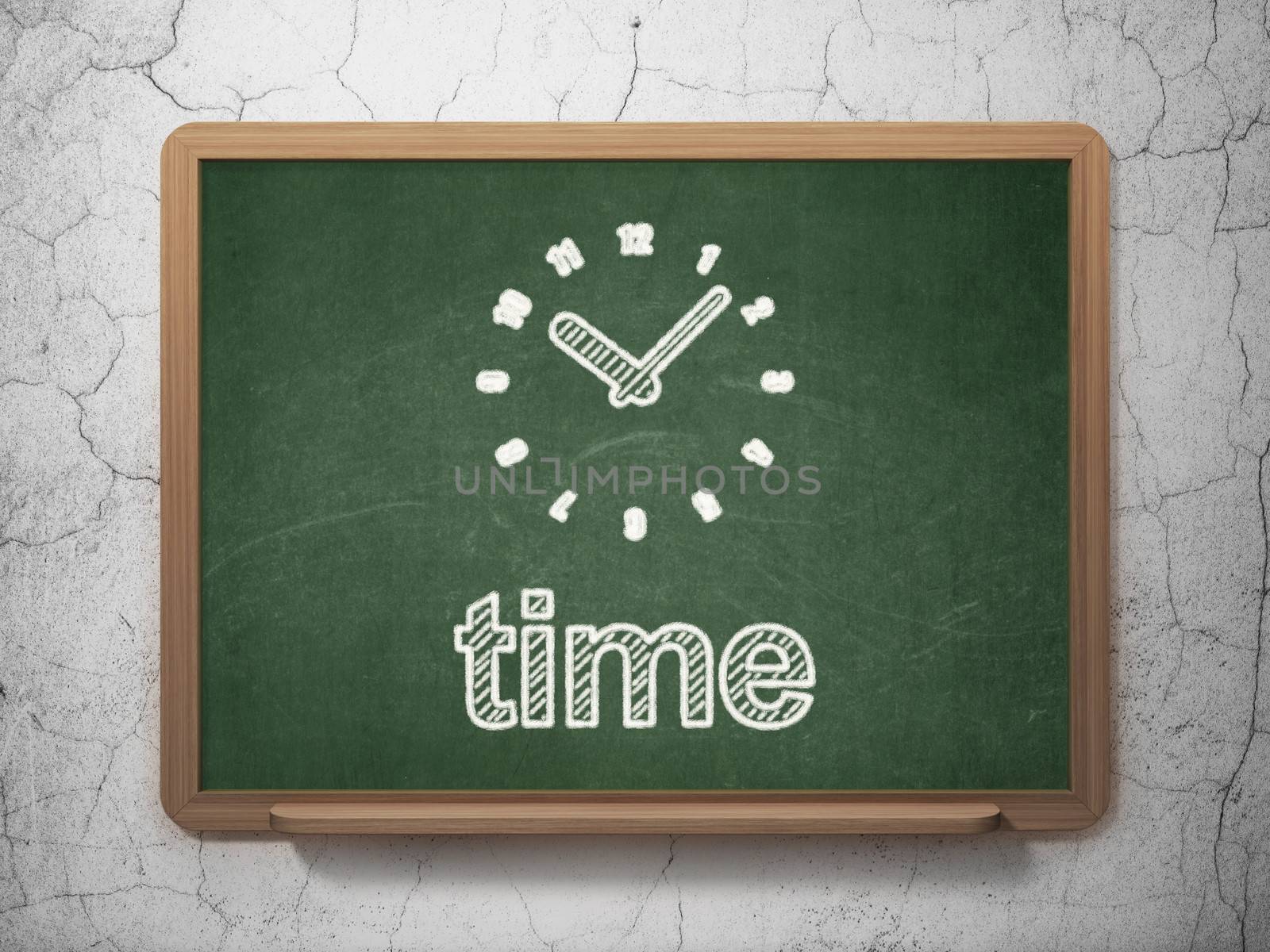 Timeline concept: Clock icon and text Time on Green chalkboard on grunge wall background, 3d render
