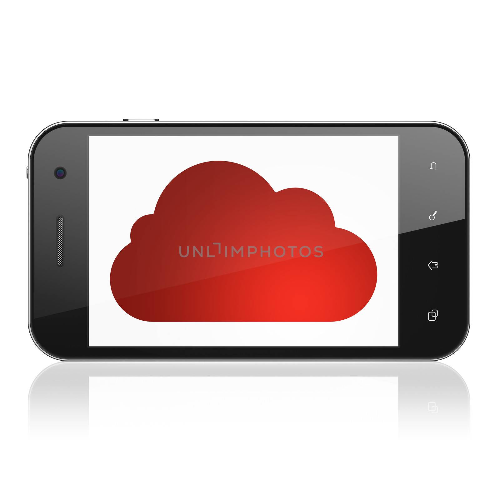 Cloud computing concept: smartphone with Cloud icon on display. Mobile smart phone on White background, cell phone 3d render