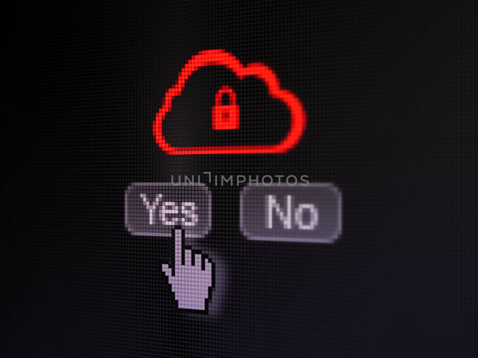 Cloud computing concept: buttons yes and no with pixelated Cloud With Padlock icon and Hand cursor on digital computer screen, selected focus 3d render