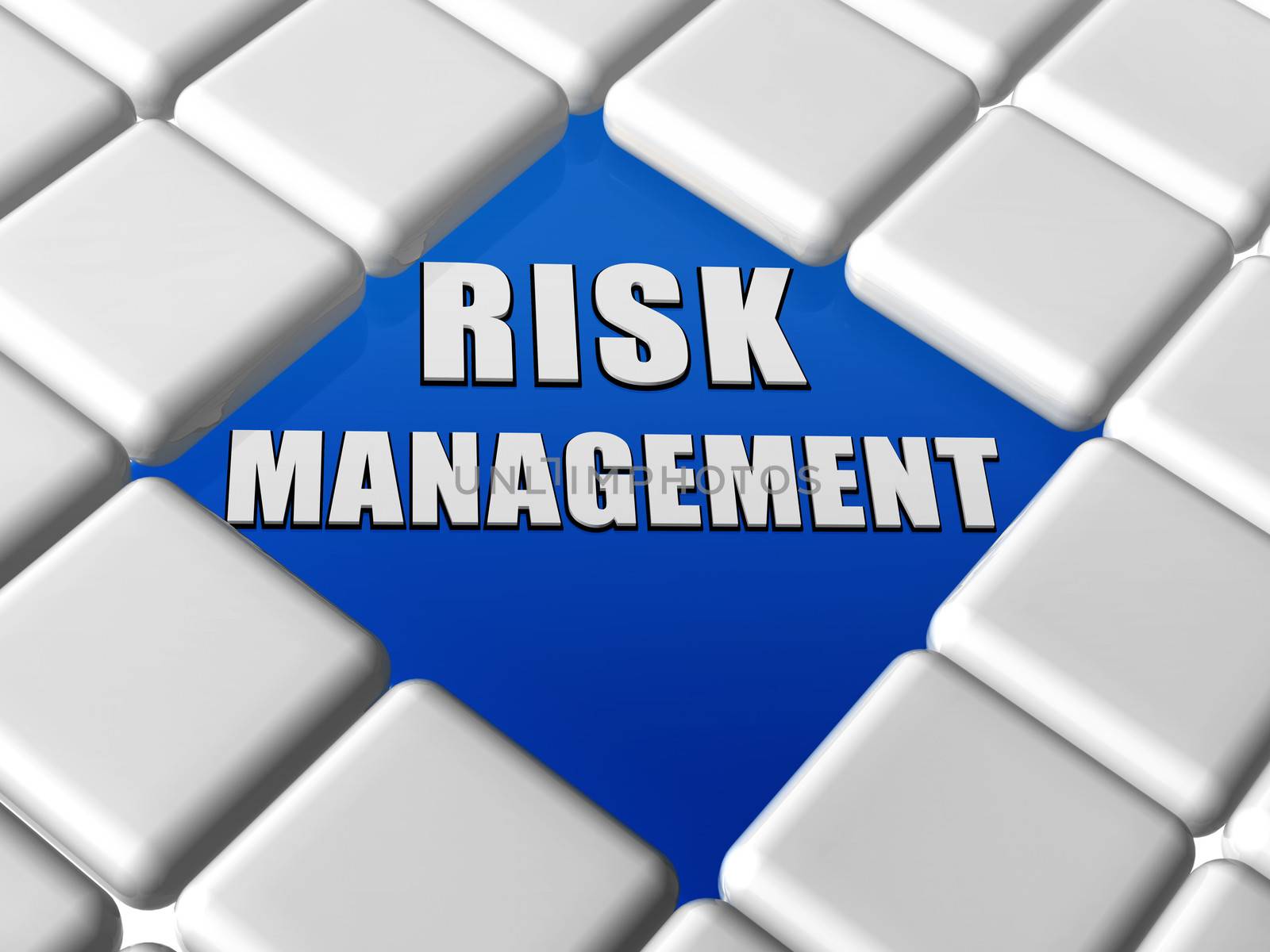 risk management - 3d letters over blue between grey boxes keyboard, business organization concept words