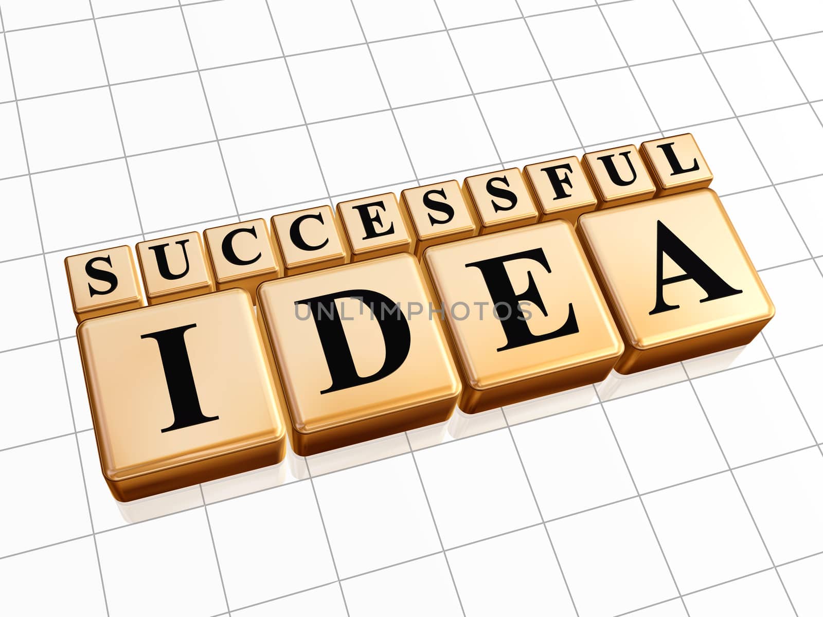 successful idea - text in 3d golden cubes with black letters, business creativity concept words