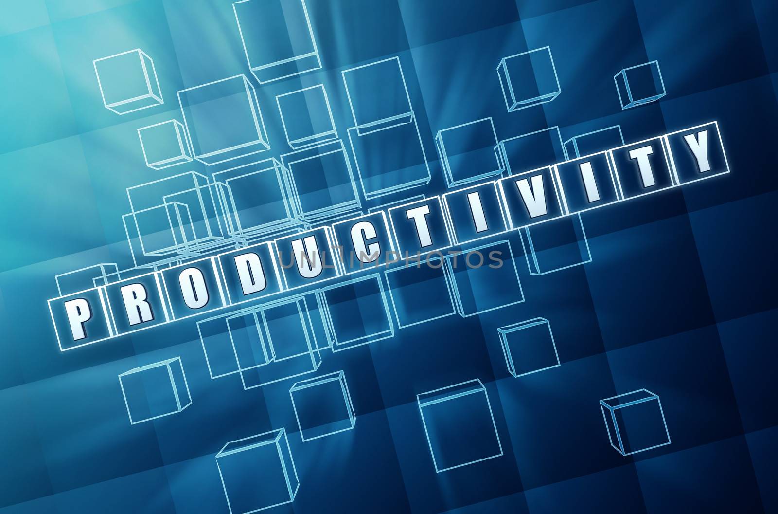 productivity - text in 3d blue glass cubes with white letters, business success concept