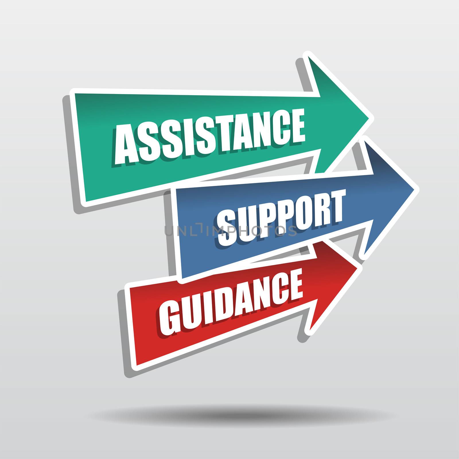 assistance, support, guidance in arrows, business concept words, flat design