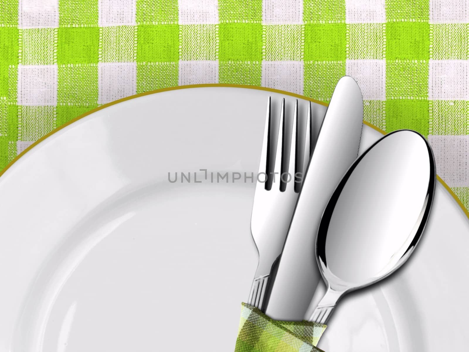 Dining setting on  table with Green Checked Tablecloth