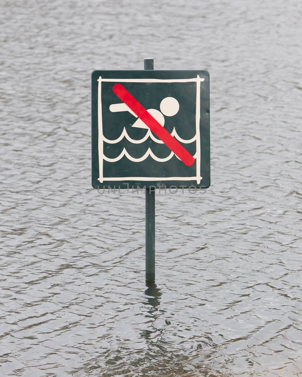 Warning sign at a lake, Caution No Swimming allowed