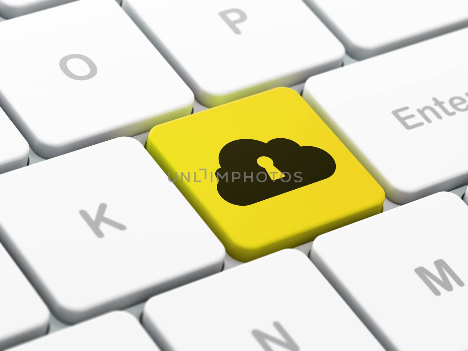 Cloud computing concept: computer keyboard with Cloud With Keyhole icon on enter button background, selected focus, 3d render