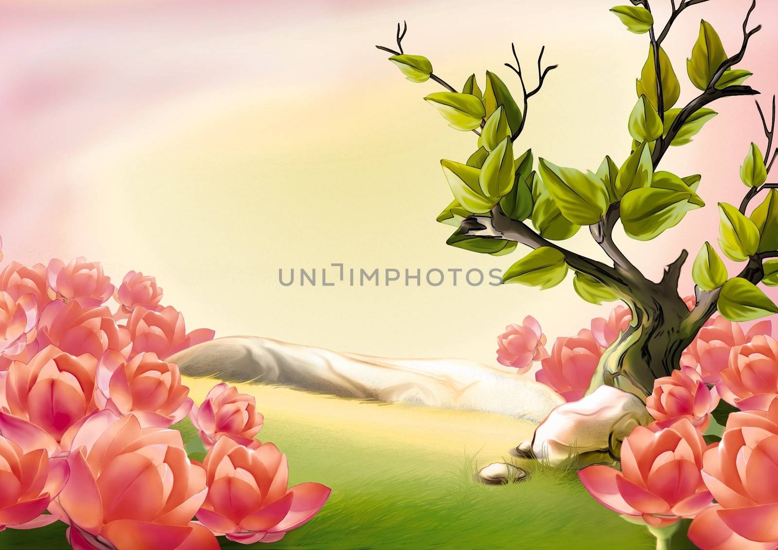 Meadow And Red Flowers - Background Illustration