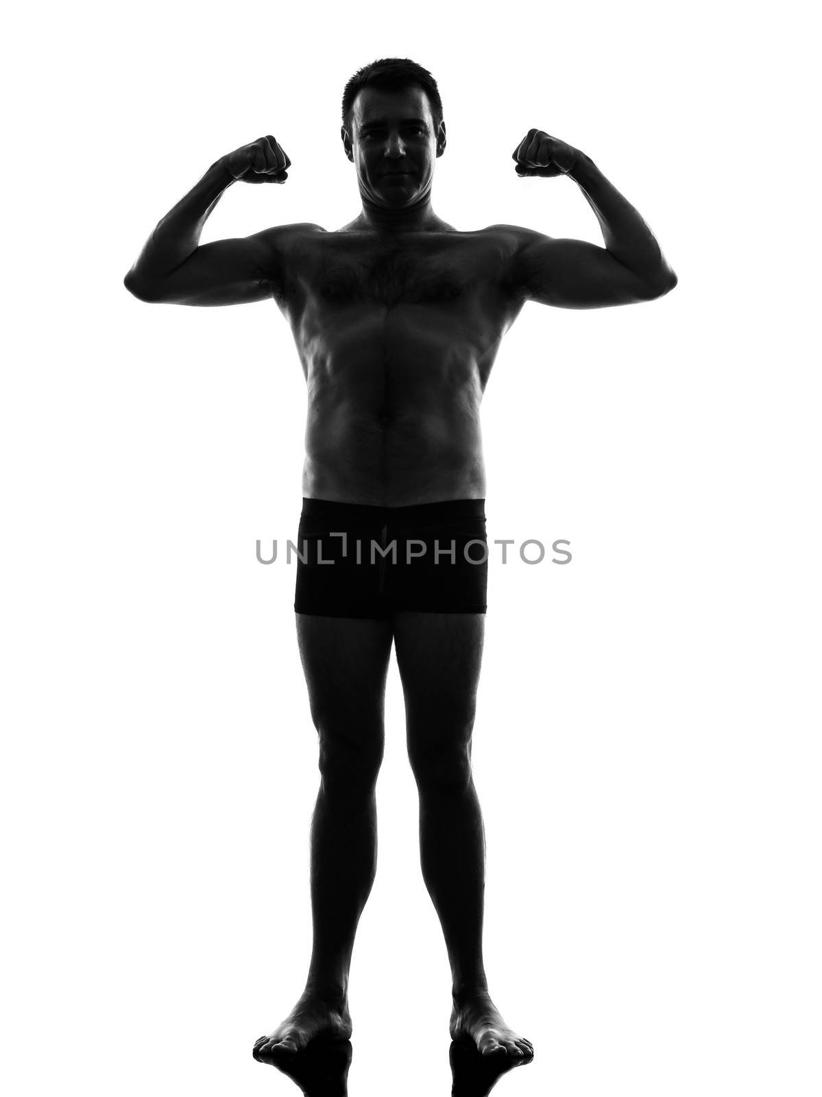 one caucasian mature in underwear man flexing muscles in silhouette  on white background