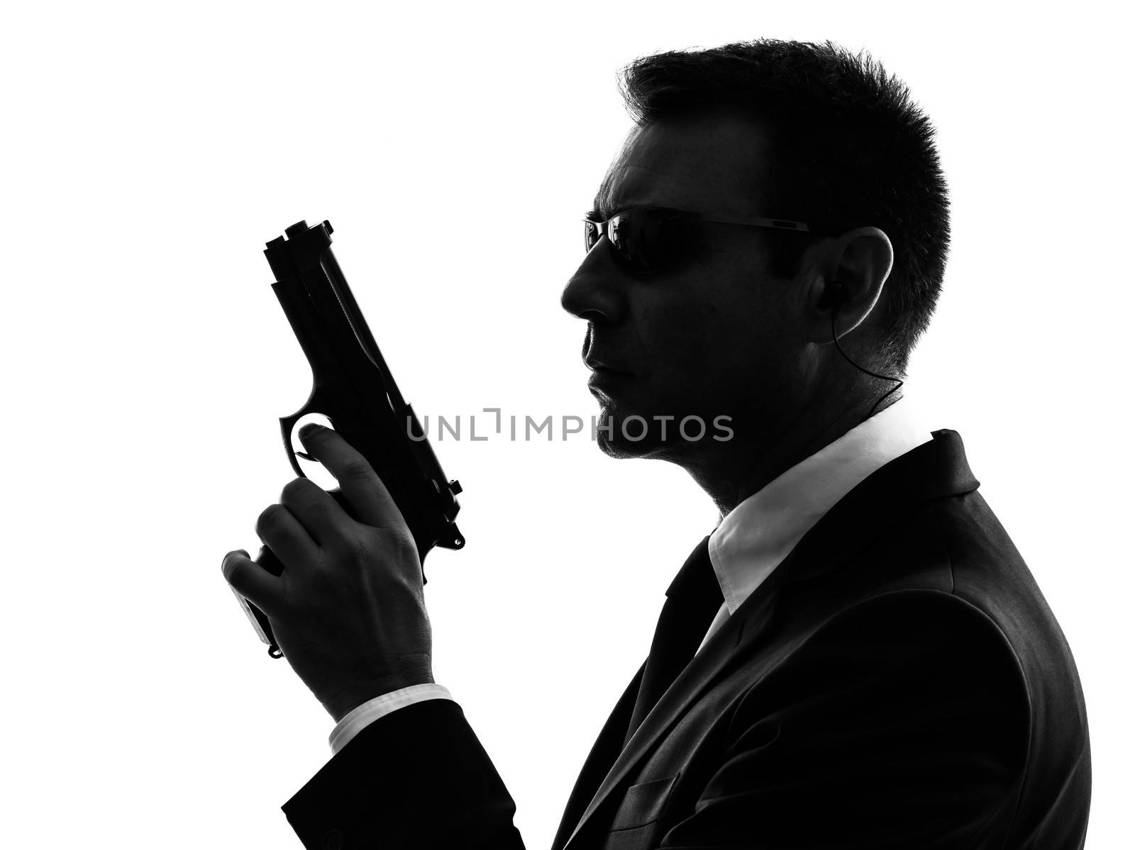 one secret service security bodyguard agent  man in silhouette  on white background