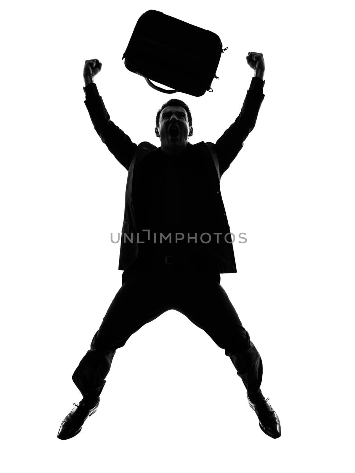 one caucasian business man happy joyful jumping   in silhouette  on white background