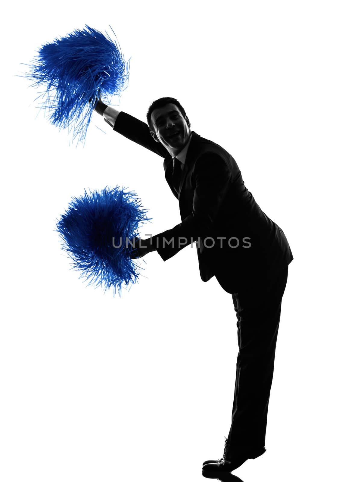 one caucasian business man cheerleading in silhouette  on white background