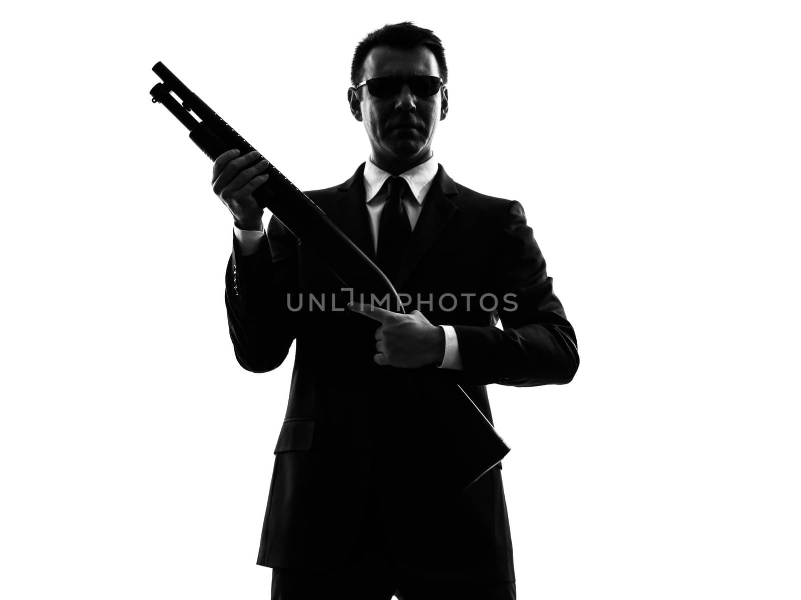 one caucasian killer man in silhouette  on white background