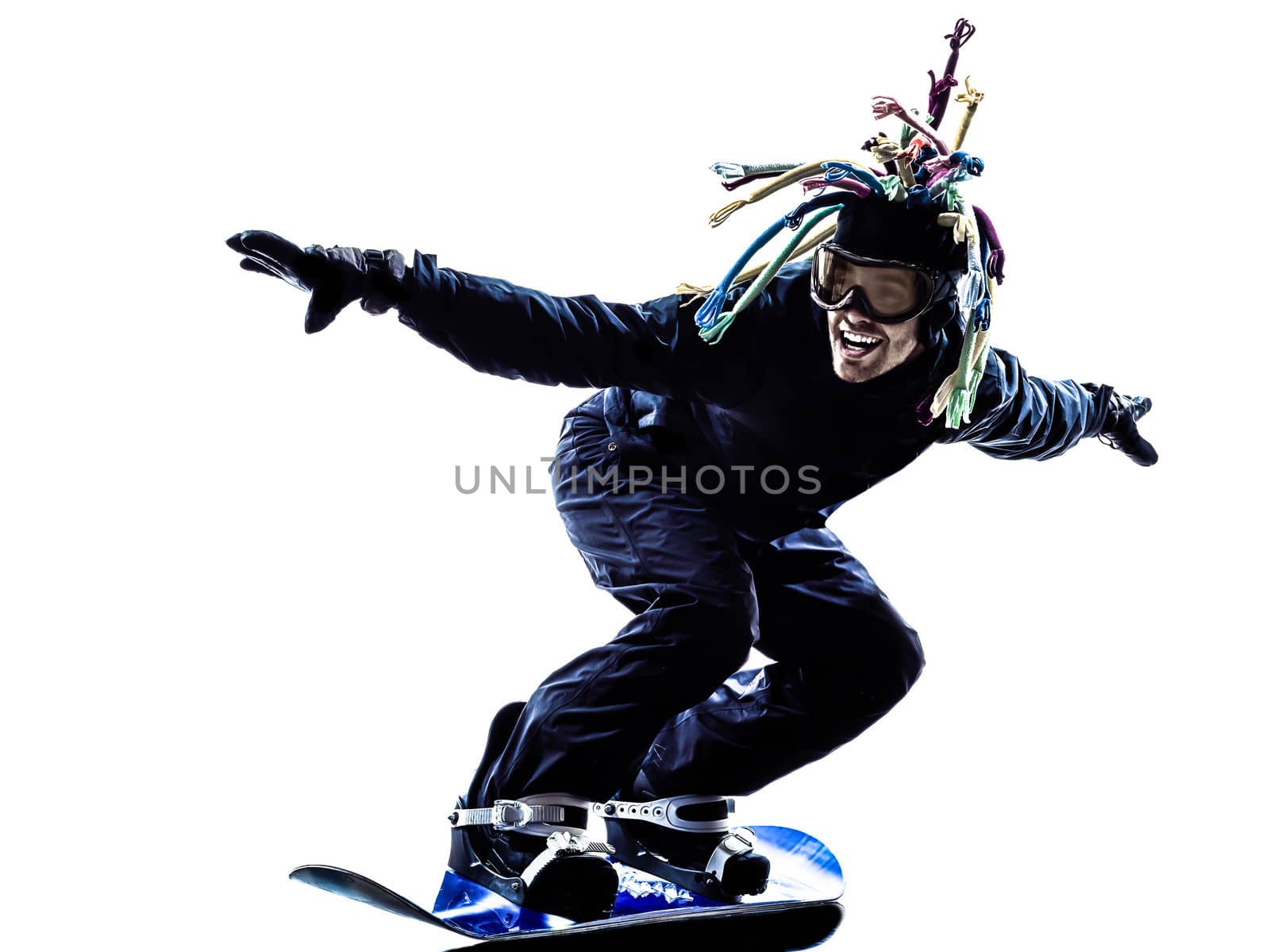 one caucasian young snowboarder  man in silhouette white background
