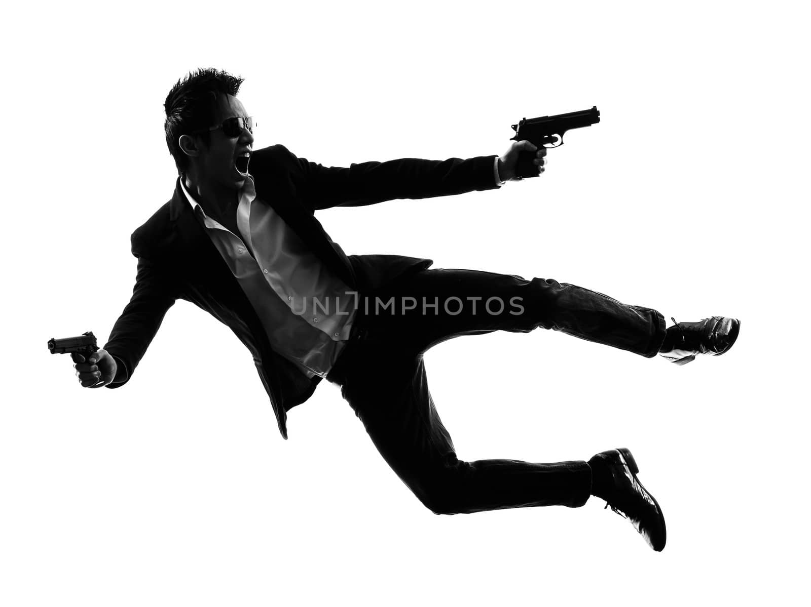 one asian gunman killer jumping shooting  in silhouette isolated white background