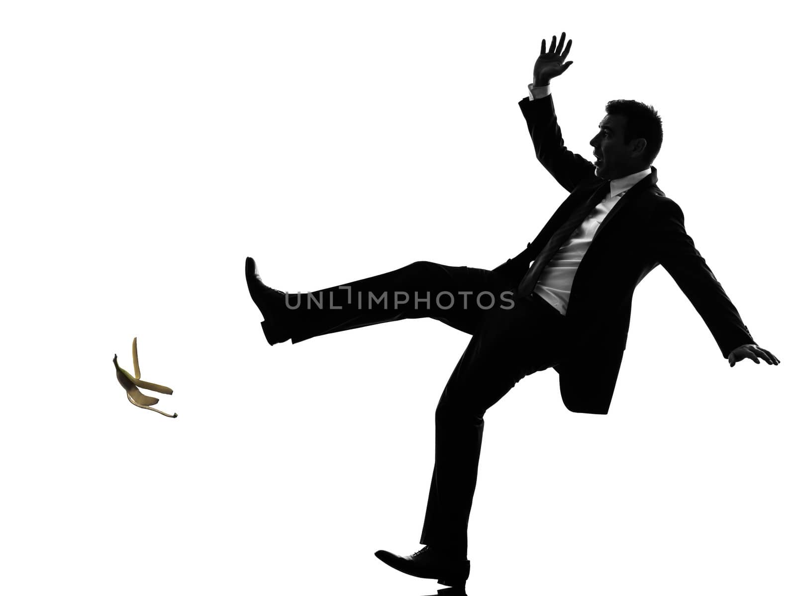 one caucasian unlucky carefree business man in silhouette  on white background