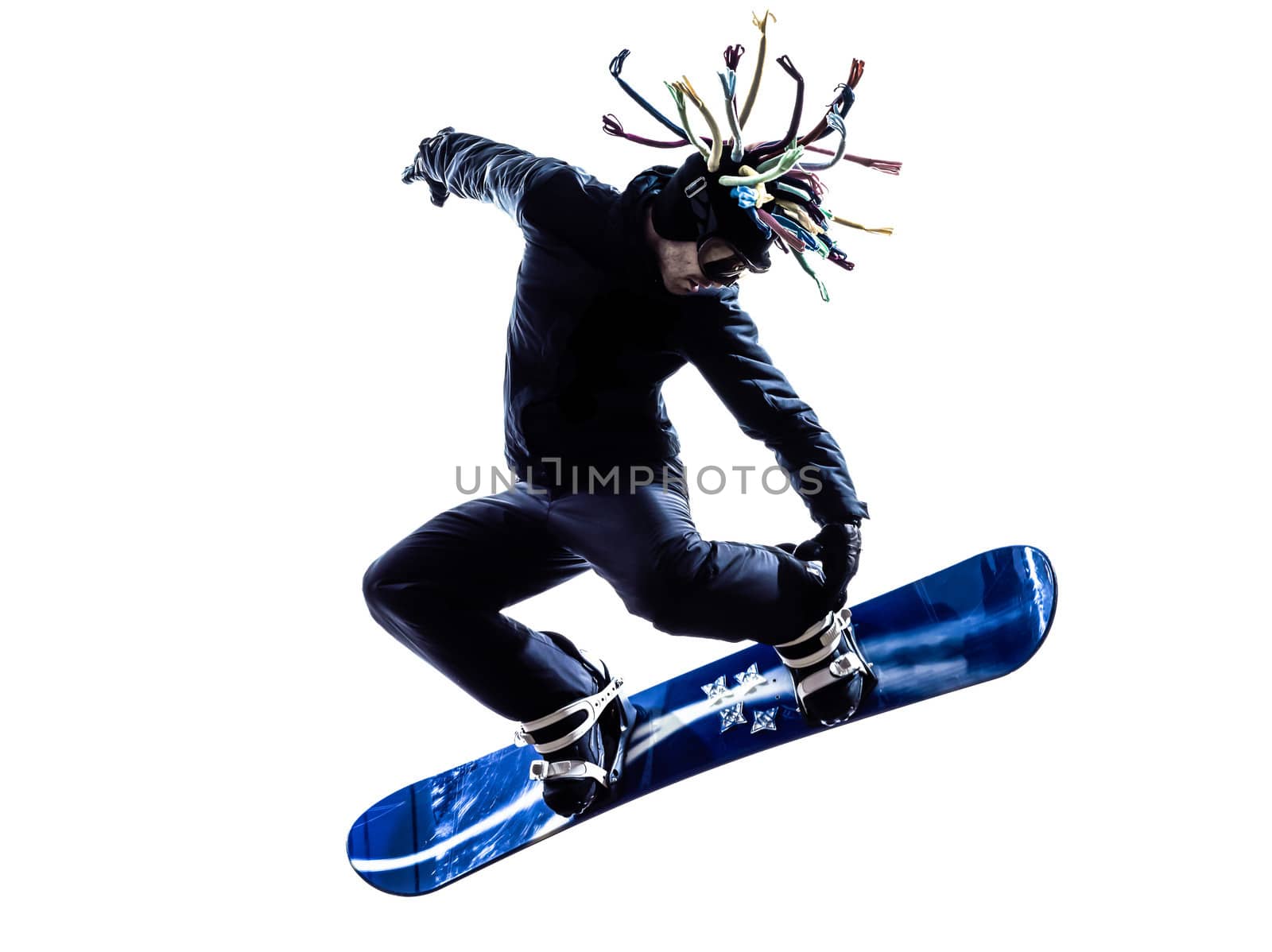 one caucasian young snowboarder  man in silhouette white background