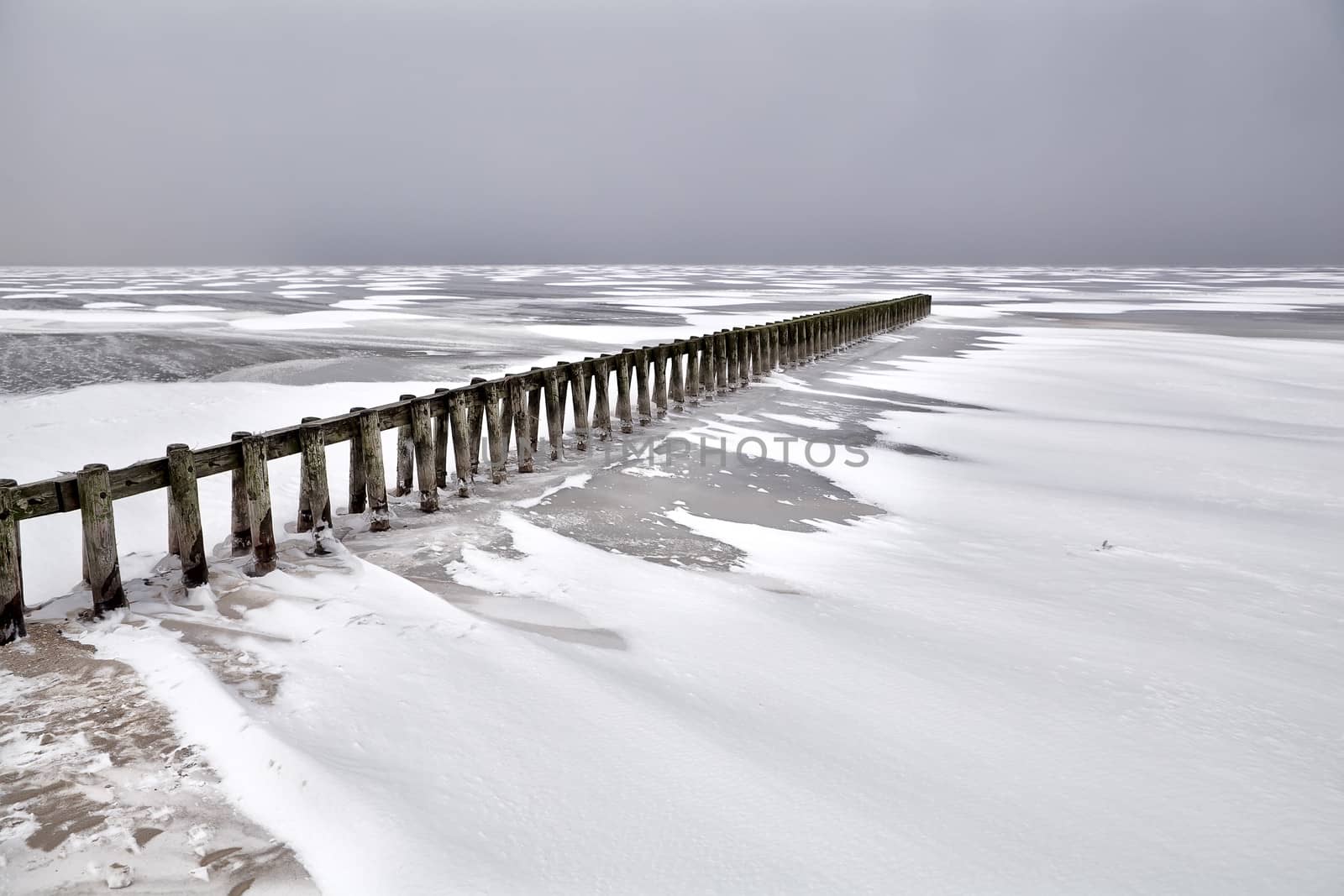 old wooden breakwater on frozen Ijsselmeer in winter, Netherlands