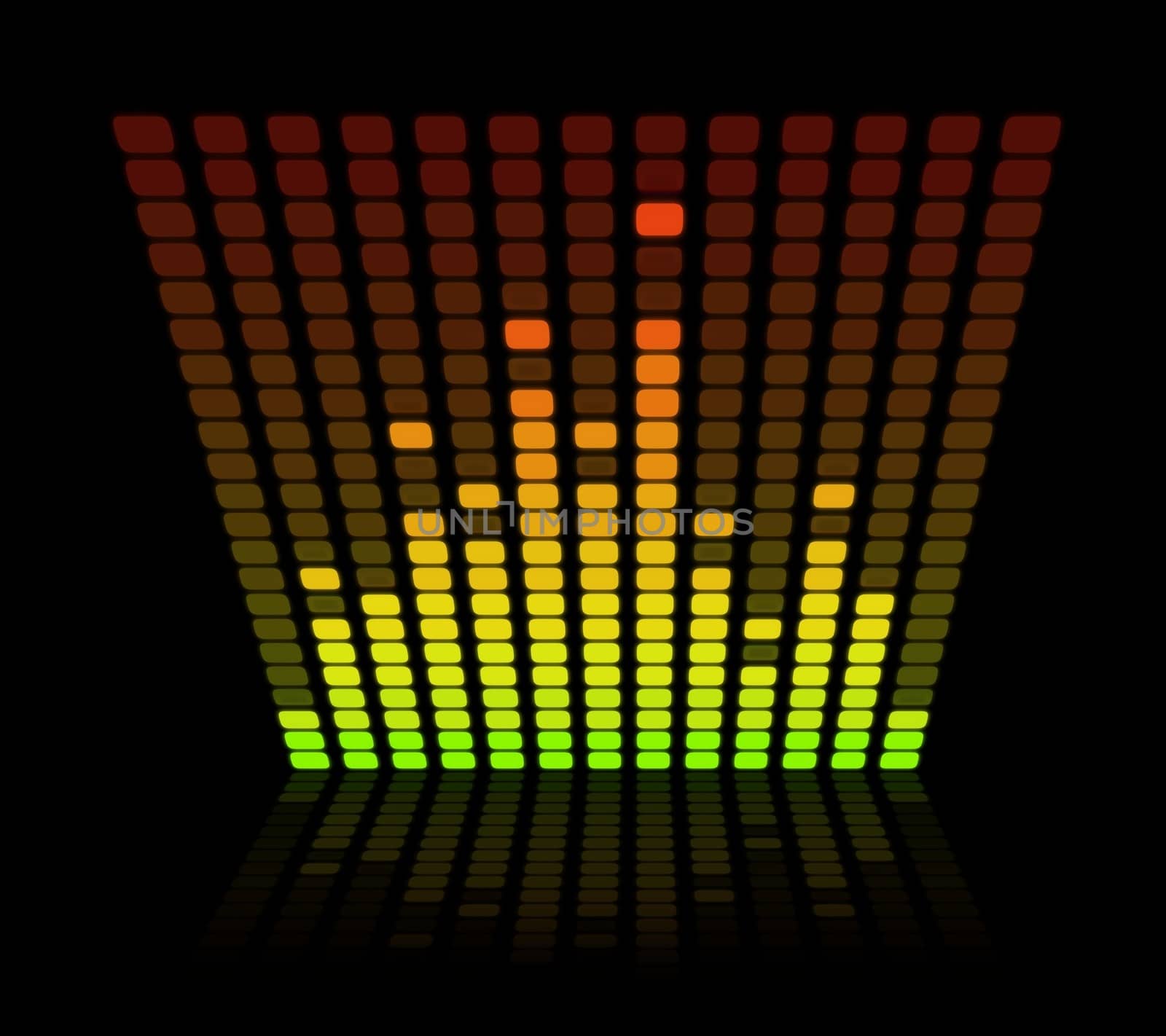 Illustration of a Graphic equalizer on a black background with slight reflection