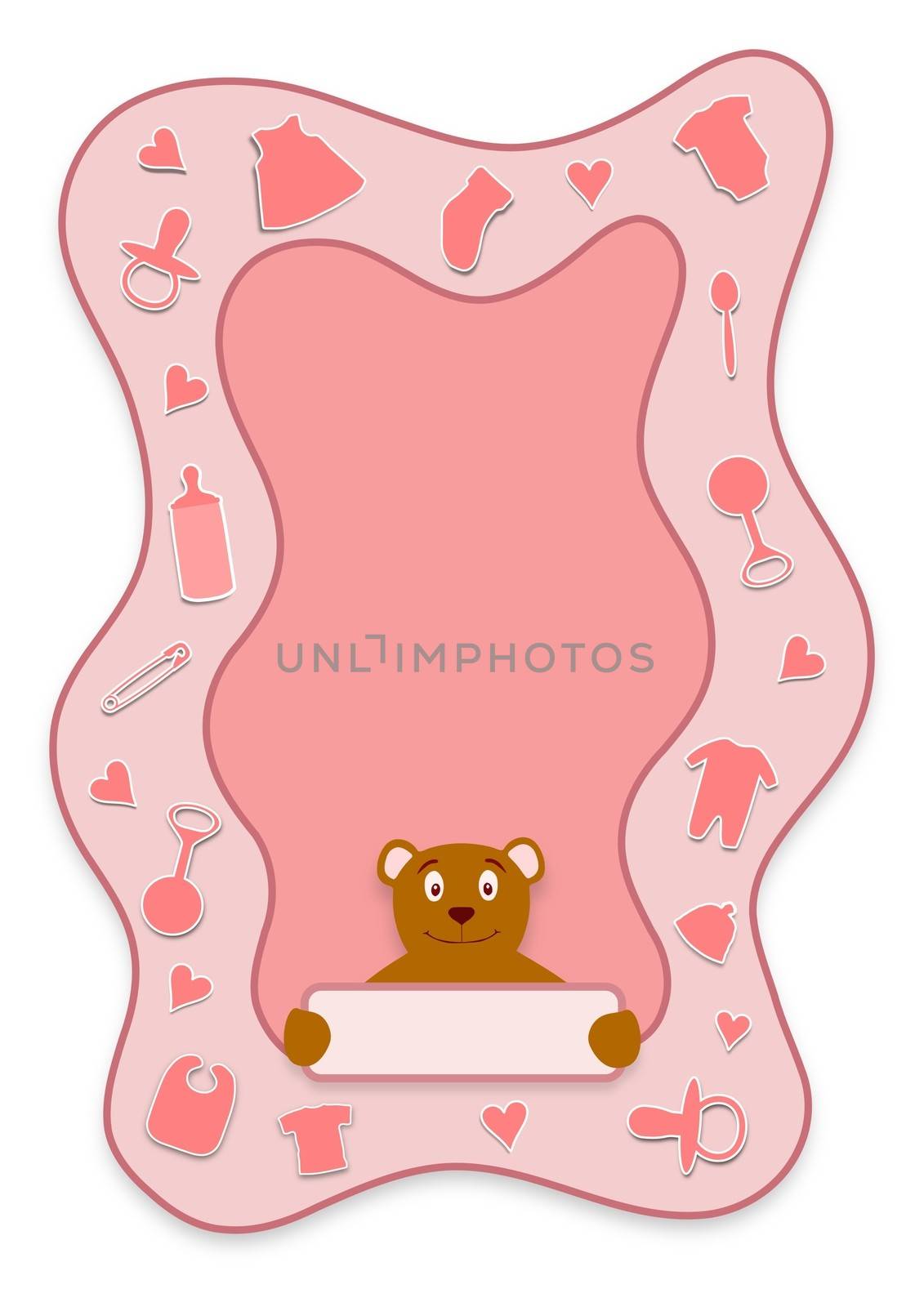Illustration of a pink frame with baby items and a teddy bear holding a sign