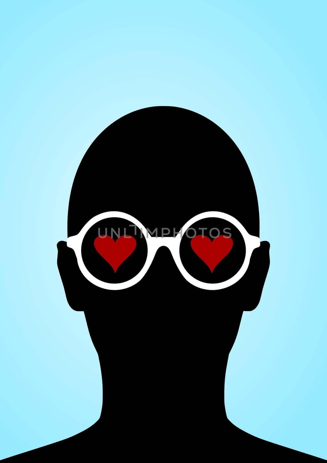 Illustration of a person wearing glasses with love hearts for eyes