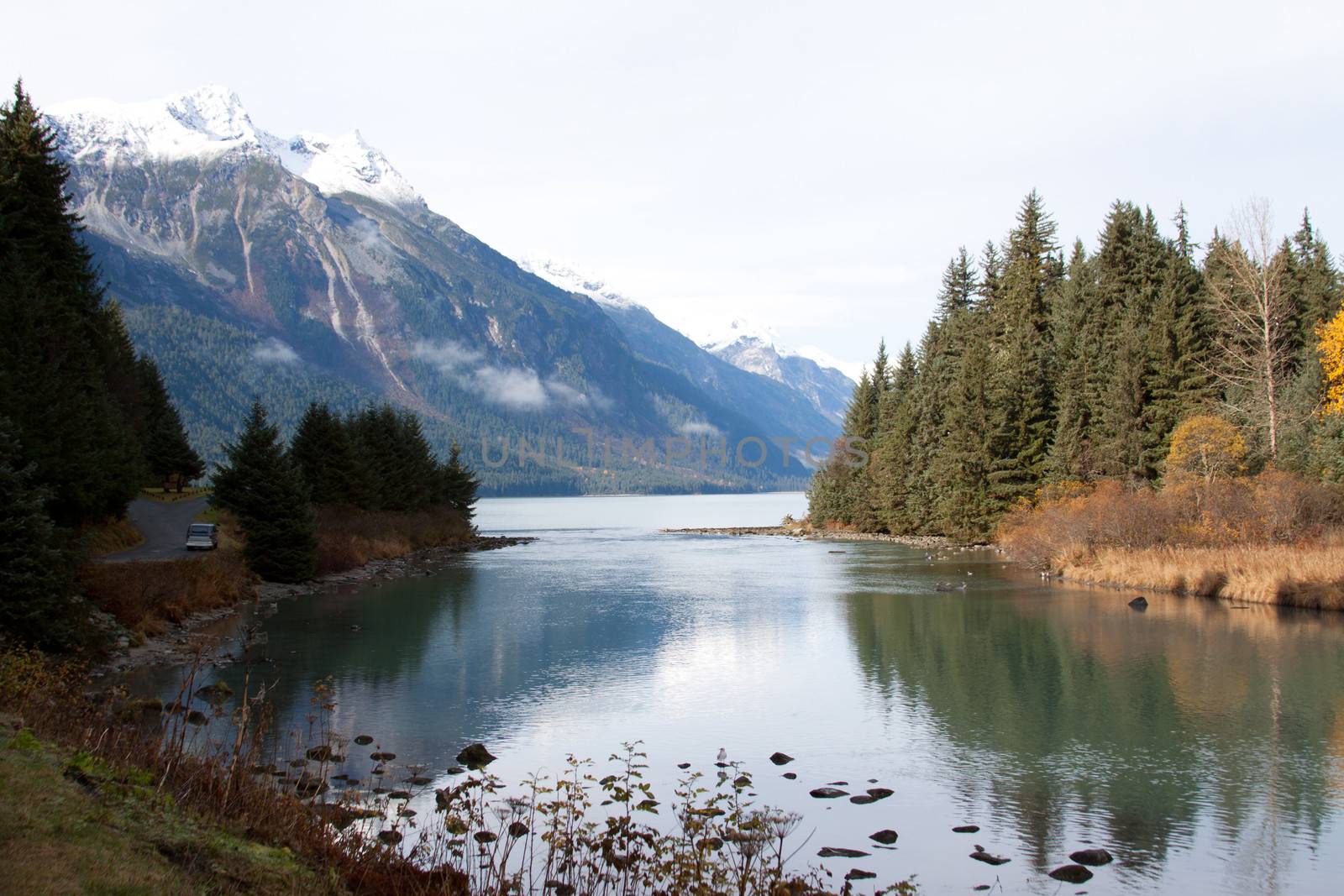 View near Haines, Alaska of river, mountains and a river.