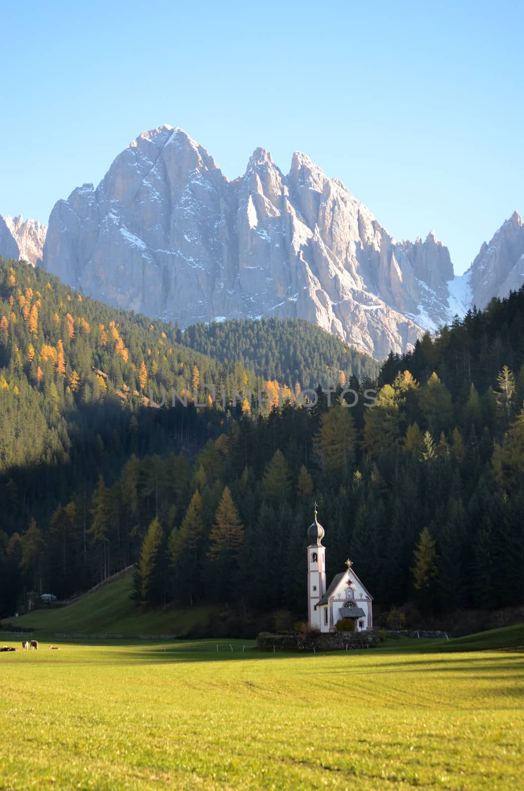 The famous church of San Giovanni in Ranui (Sankt Johann) in front of the Geisler or Odle dolomites mountain peaks in Santa Maddalena (Sankt Magdalena) in the Val di Funes in Italy.
