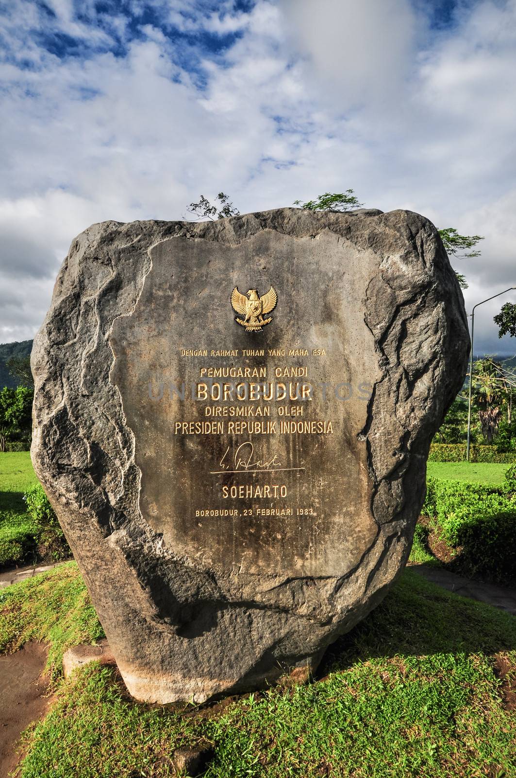 Buddist temple Borobudur Stone sign in Yogjakarta in Java, indonesia