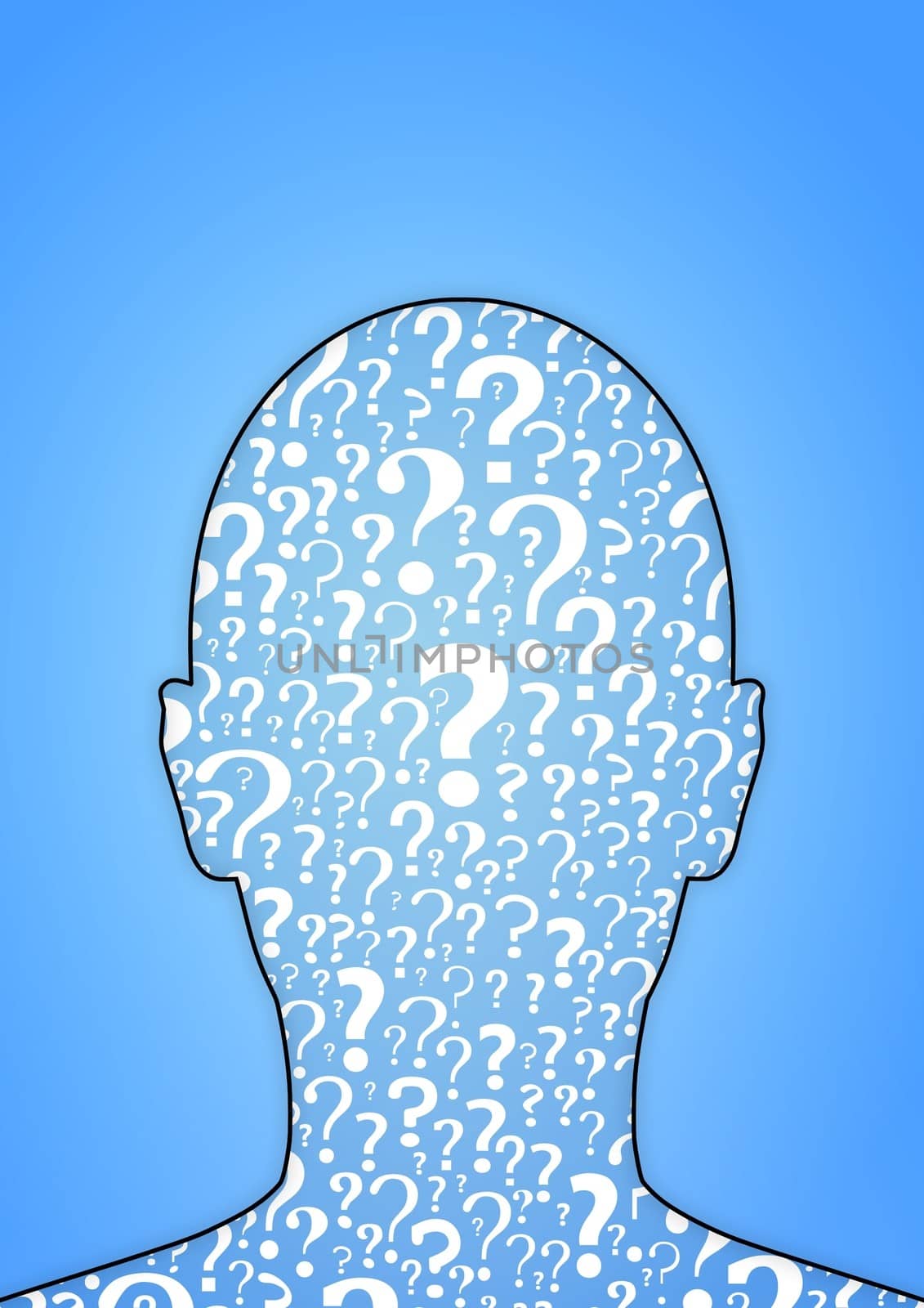 Illustration of a persons head filled with question marks