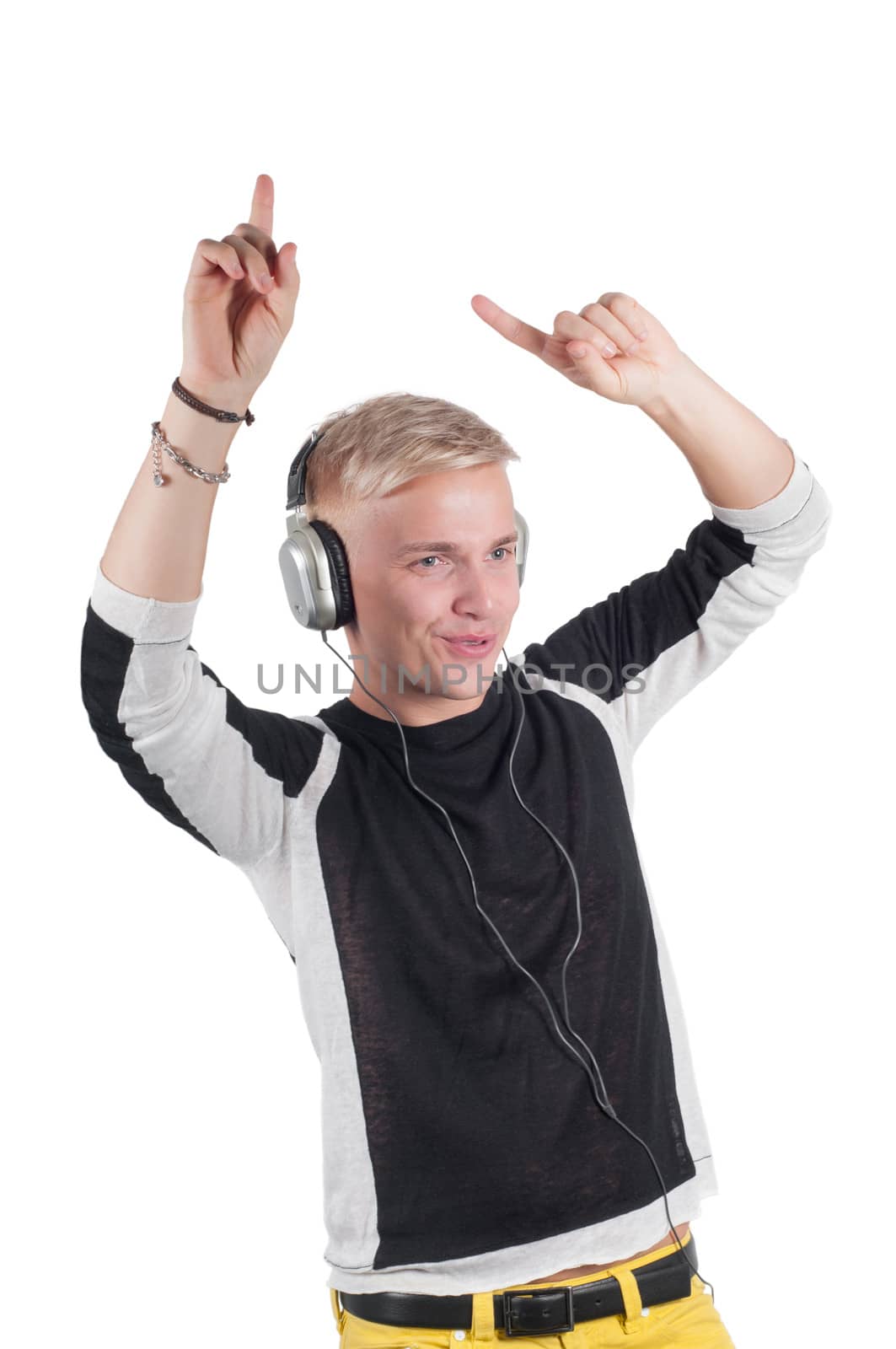 Man in headphones dancing, isolated on white