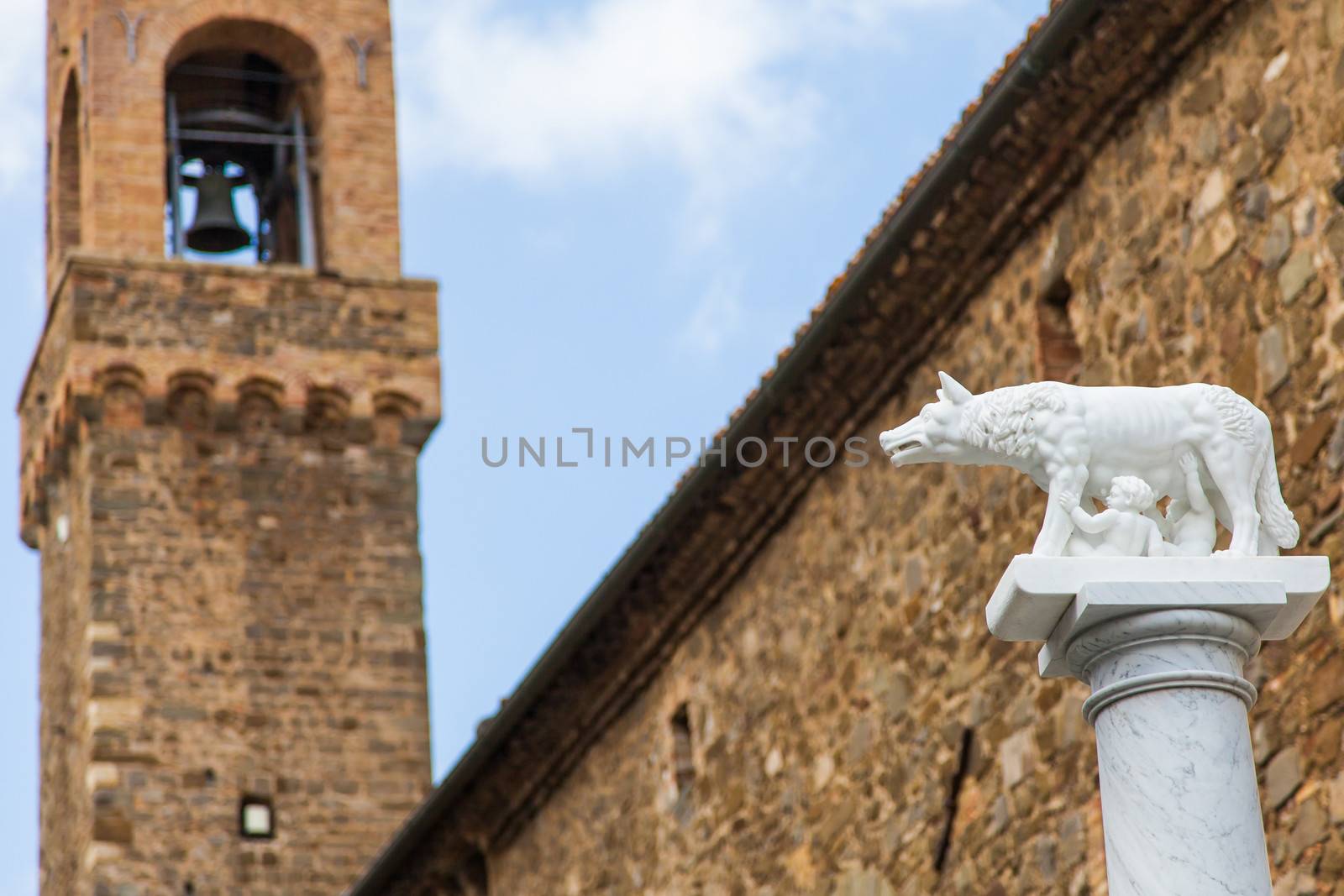 Tuscany, Italy. Statue of the legendary wolf with Romolo and Remo, founders of Rome