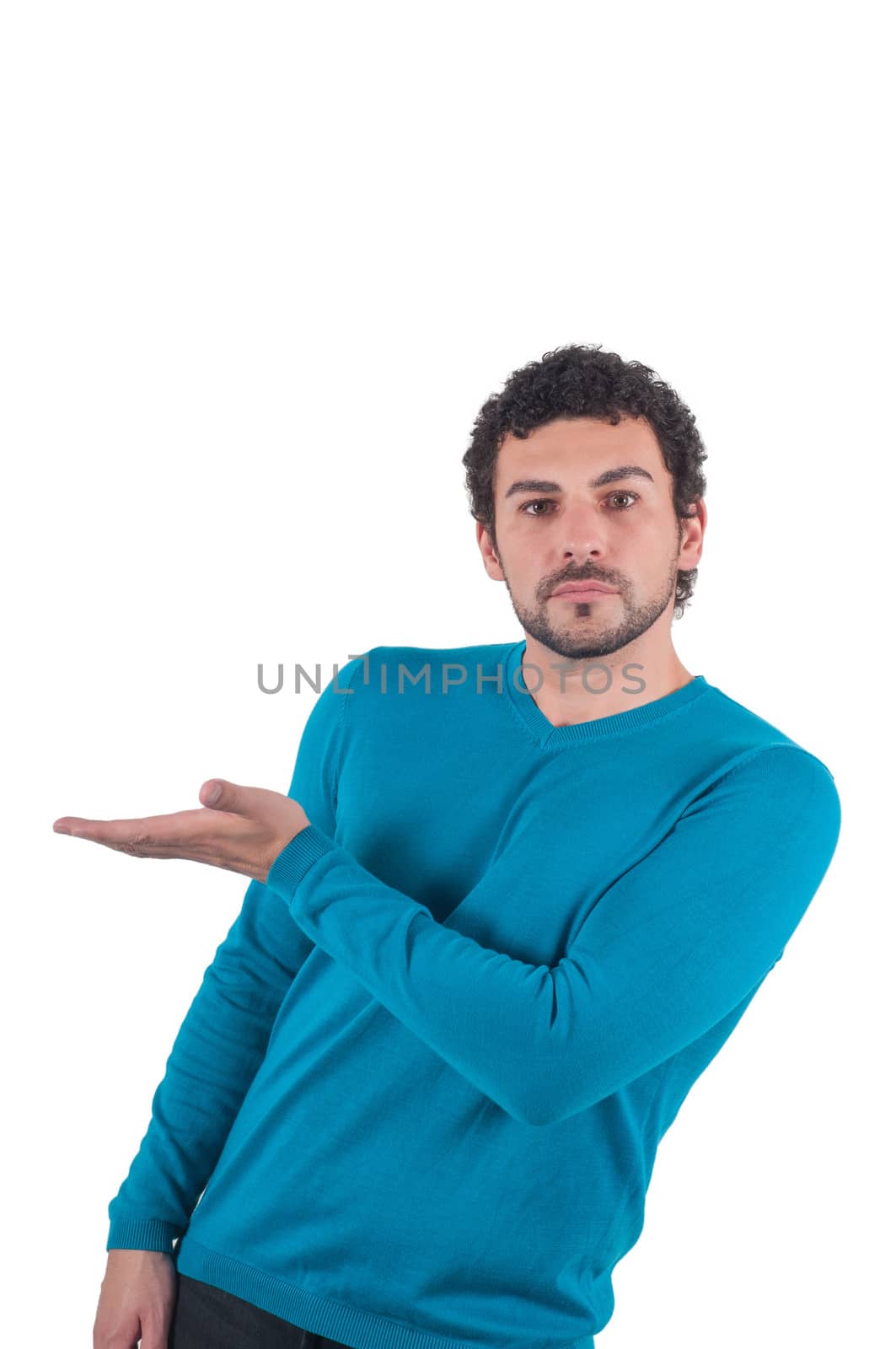 Man in blue holding a hand palm up, isolated on white