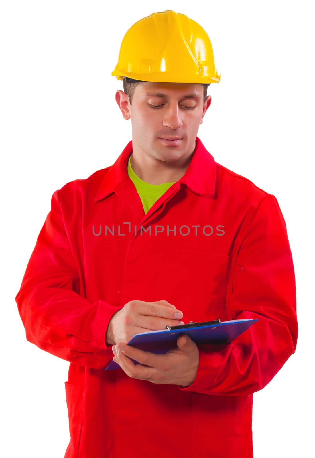contractor holding and writing clipboard