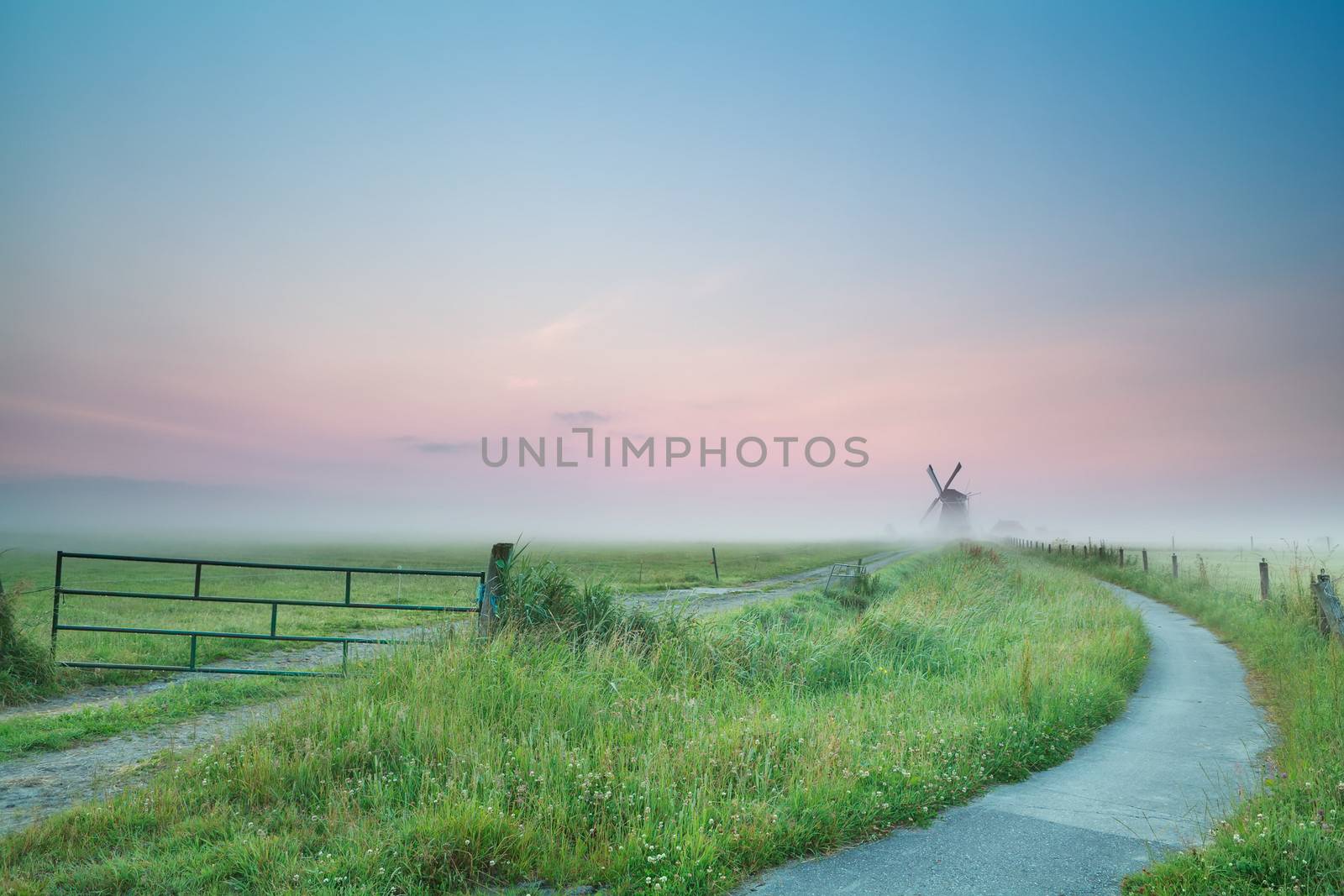 bicycle road to windmill in sunrise fog, Holland