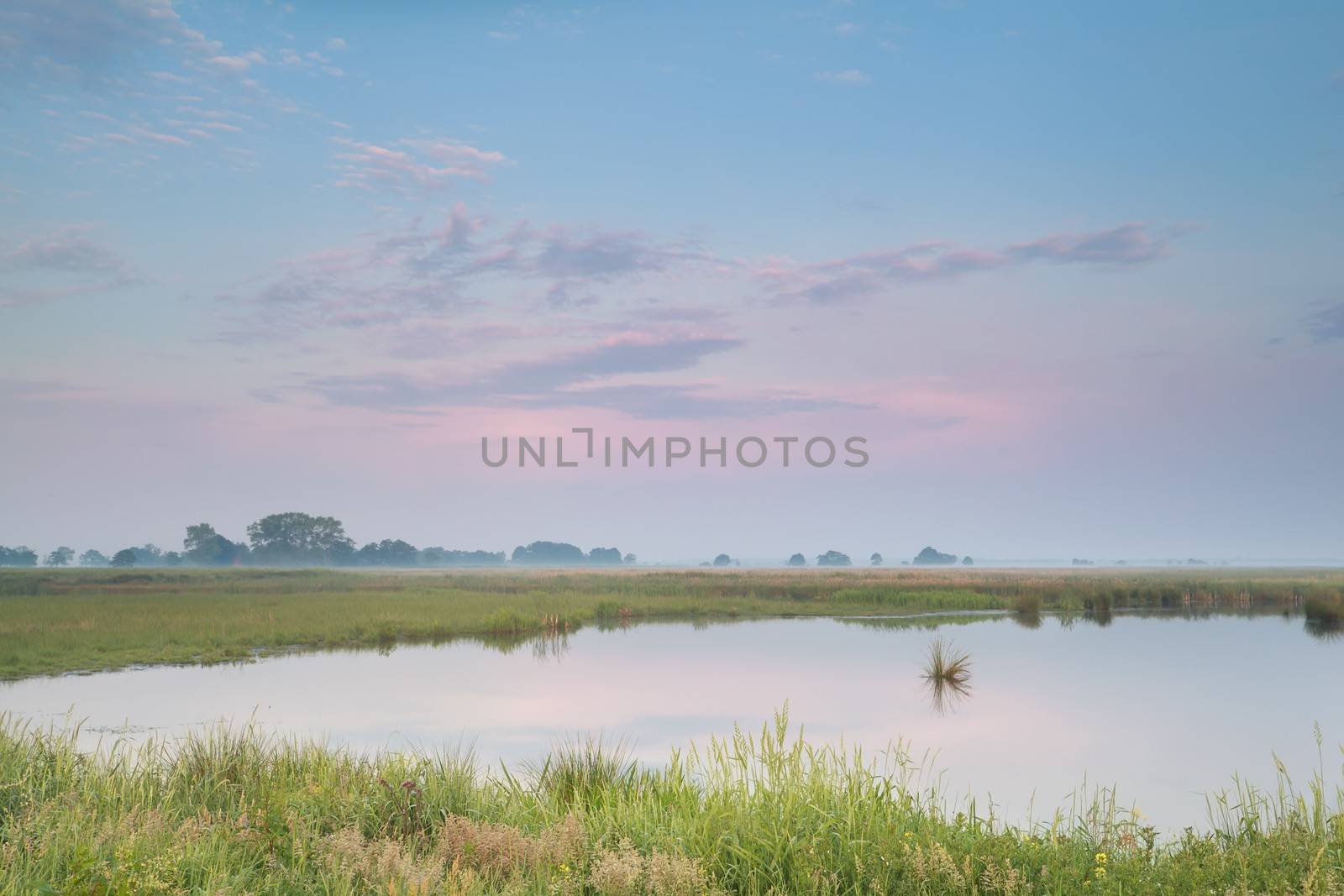 pastel summer sunrise over river, Onlanden, Drenthe, Netherlands