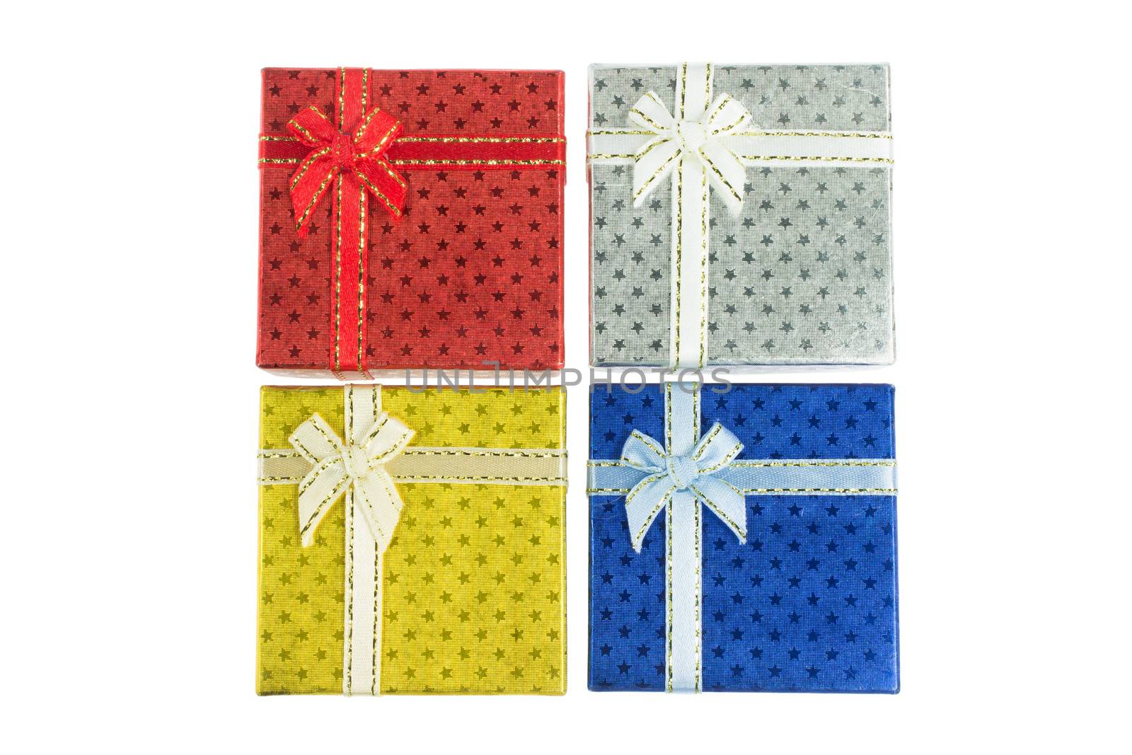 4 Gift box set in bird's eye view for Christmas, Thanksgiving, Birthday, Holiday, New year and other important festival that consist of red, silver, gold and blue color.