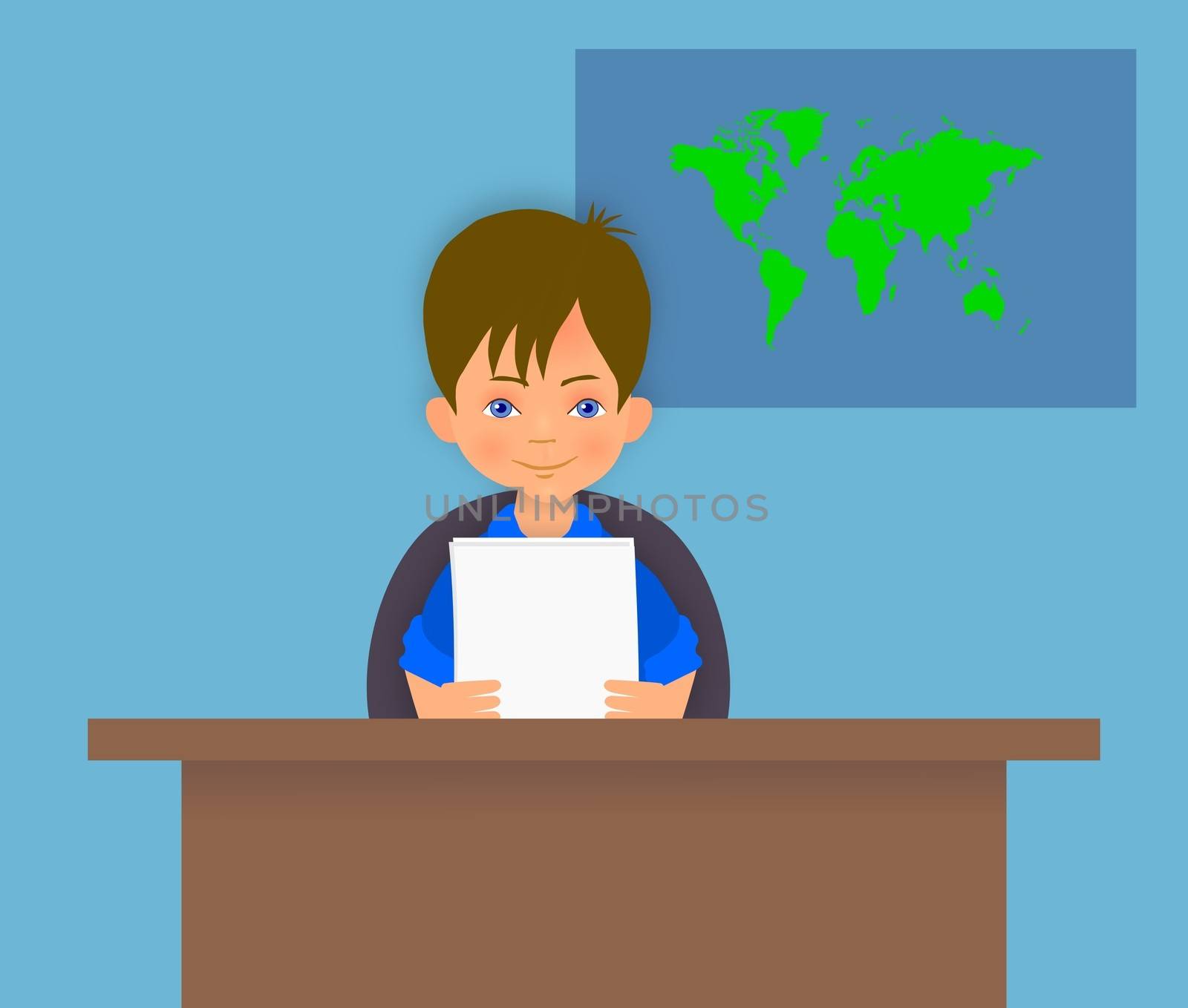 Illustration of a boy reading the world news
