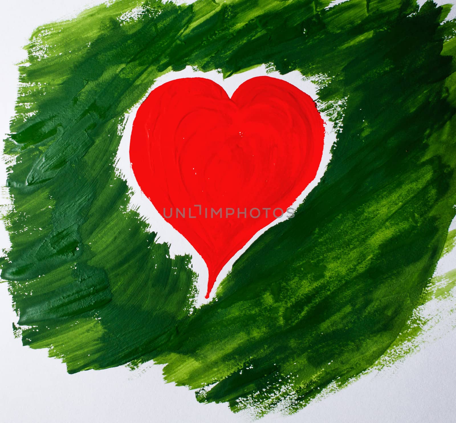 Child's drawing of a heart on a green background for Valentine's Day