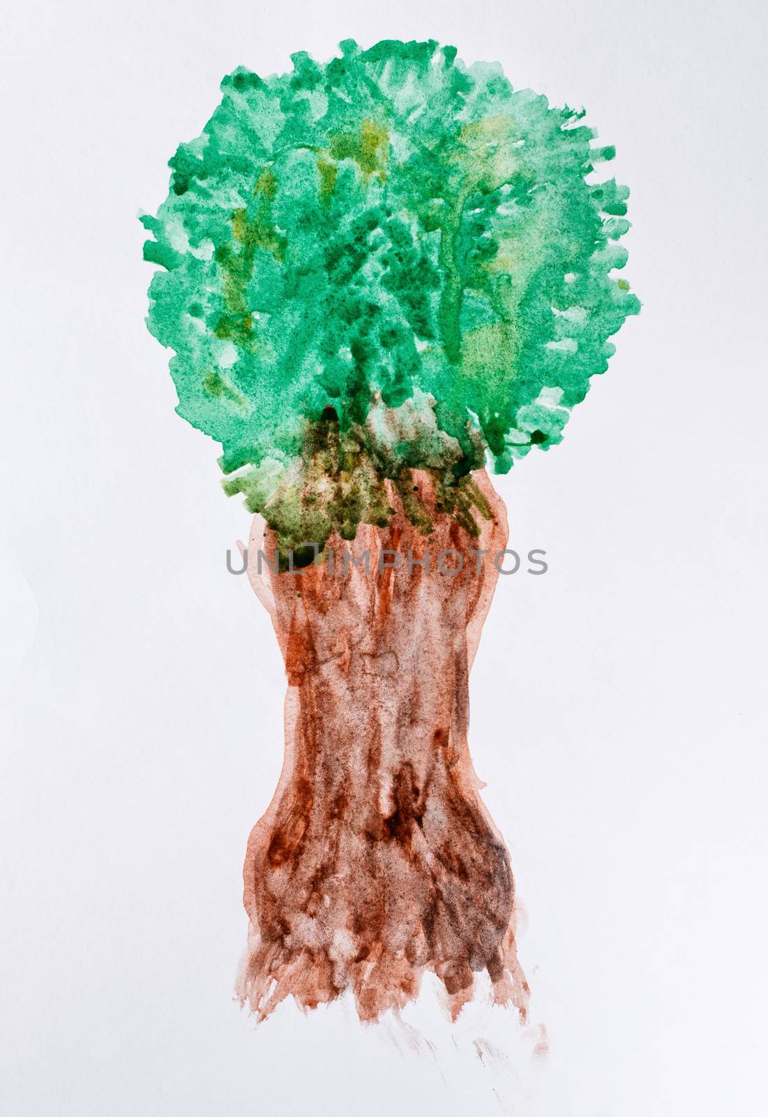 Children's watercolor tree on textured paper background shot