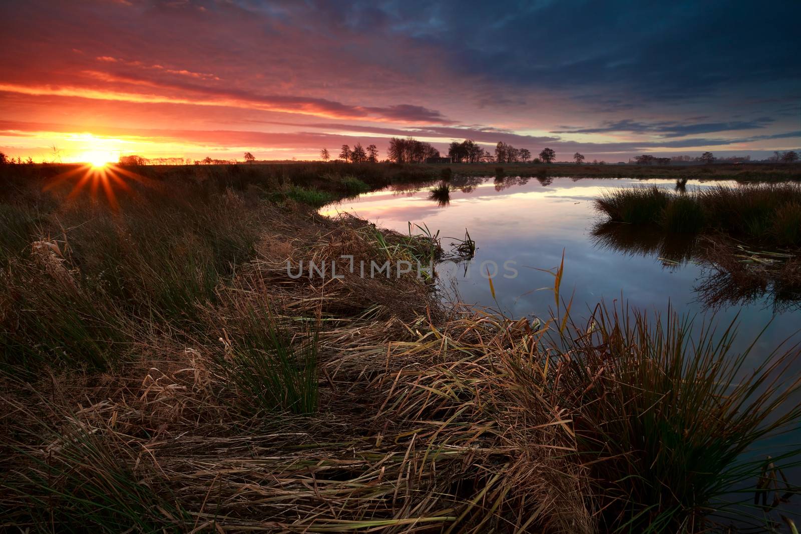 sunrise sunbeams over swamp in autumn, Onlanden, Drenthe, Netherlands