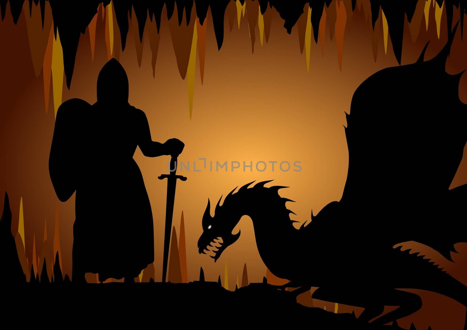 Illustration of a dragon and knight inside a cave