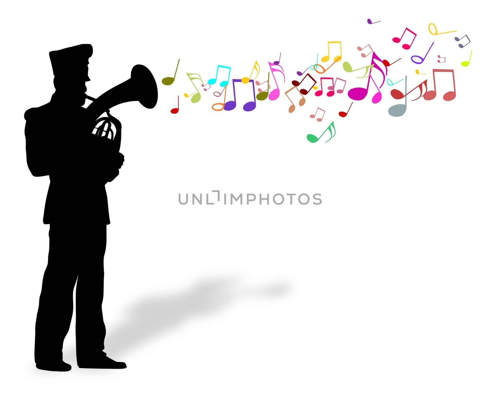 Illustration of a person playing a brass instrument with musical notes